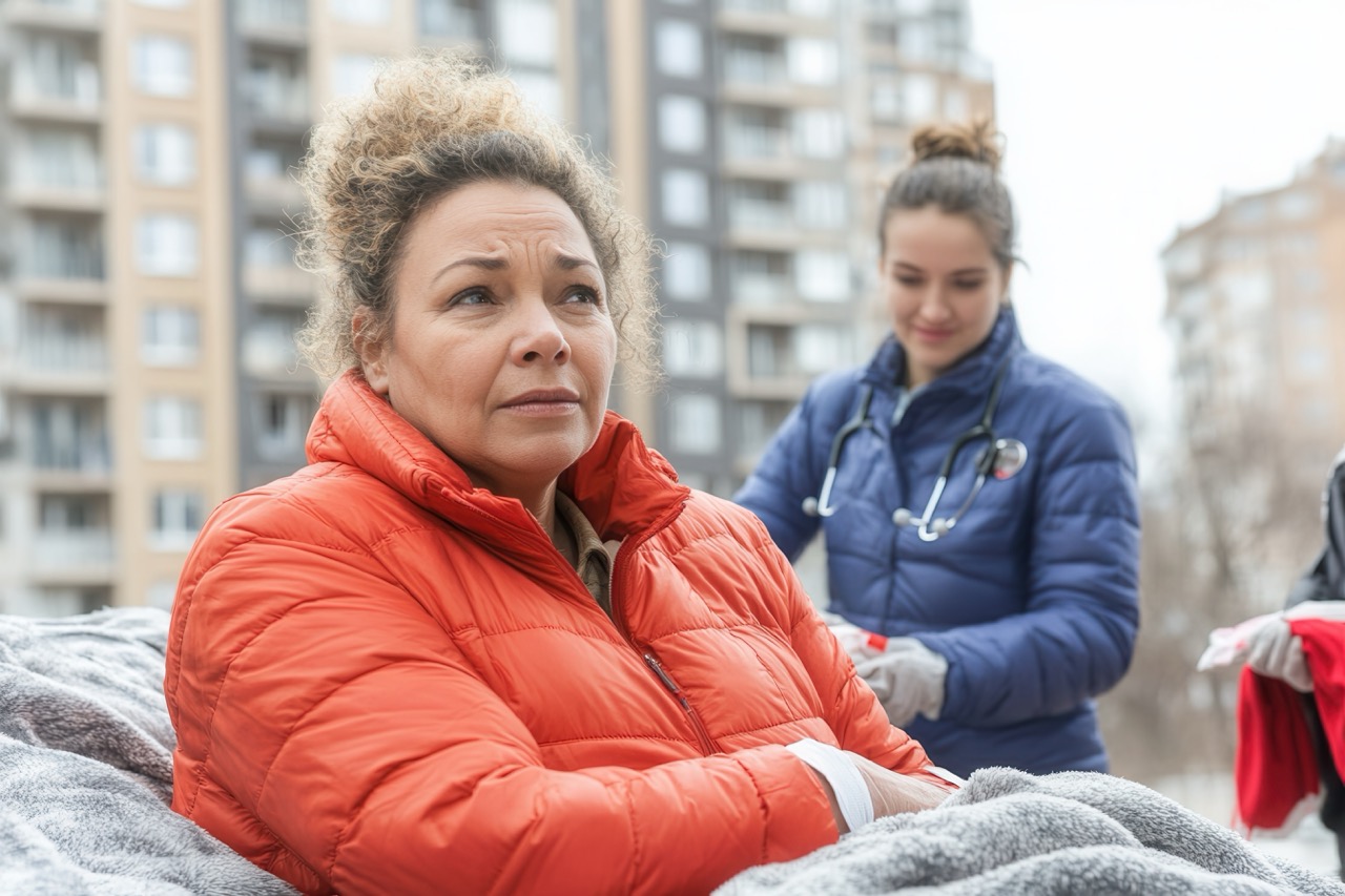 A positive homeless woman sits on a blanket while a healthcare worker bandages her arm. The setting features tall apartment buildings, and volunteers distribute clothes and supplies in the background.