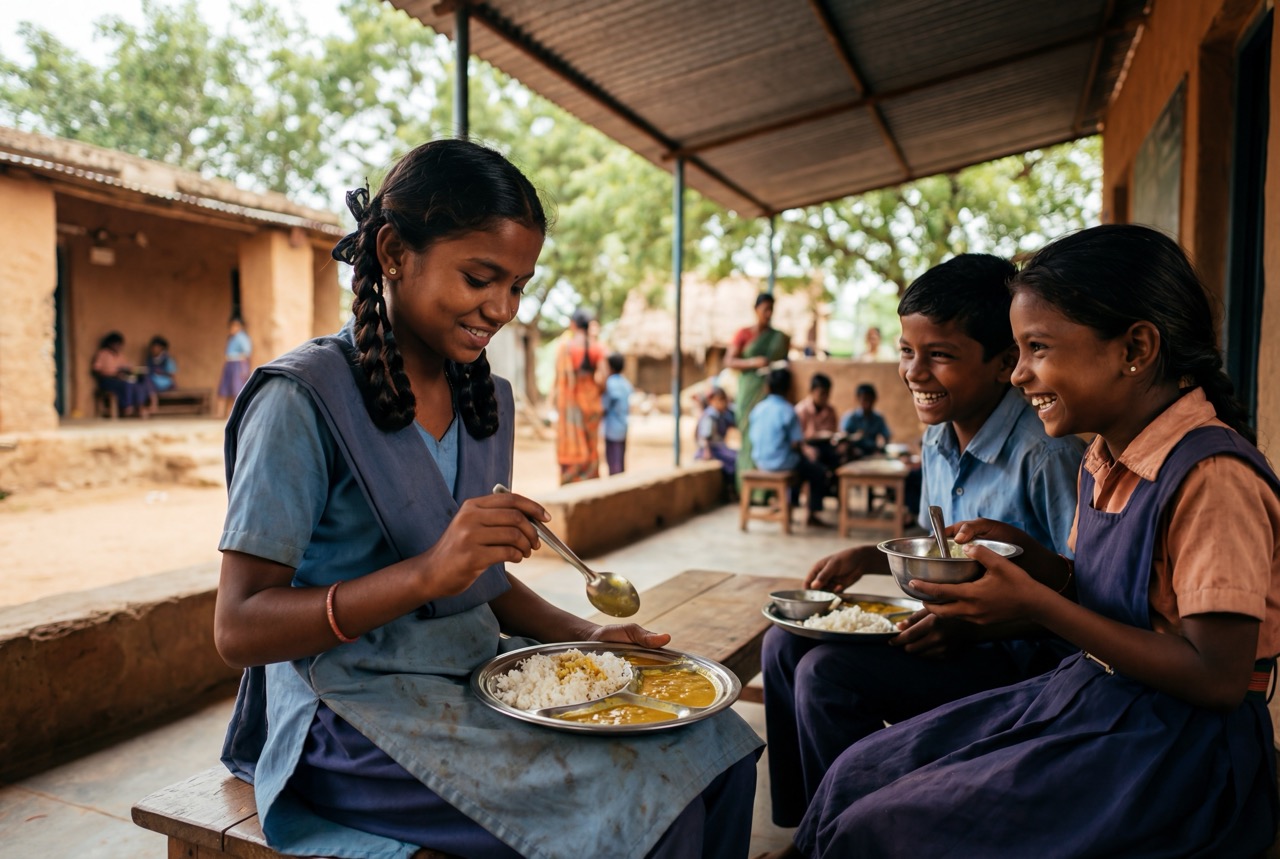 Three happy indian school children are seen smiling and enjoying a nutritious meal together outdoors at their village school, highlighting education and community.