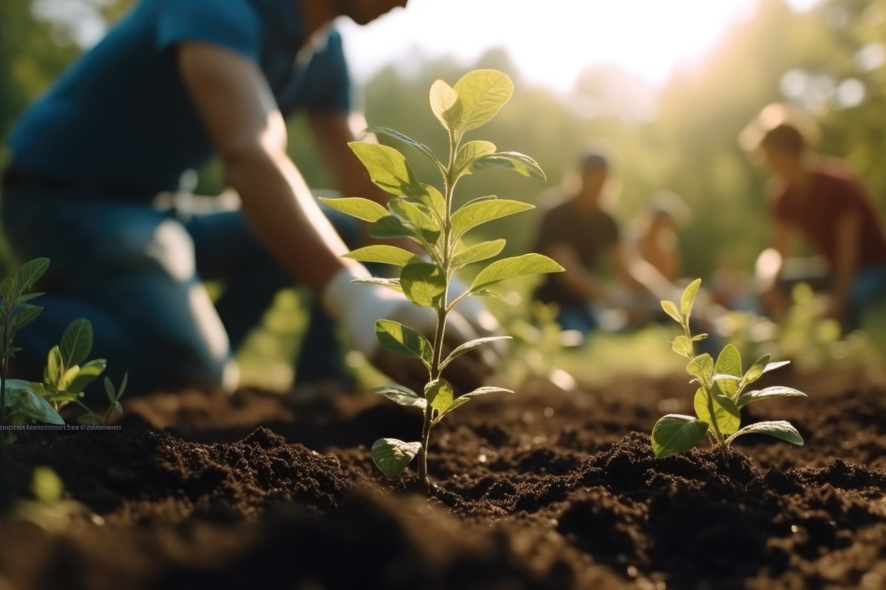 Group of happy volunteers planting tree, Environment and reforestation concept.